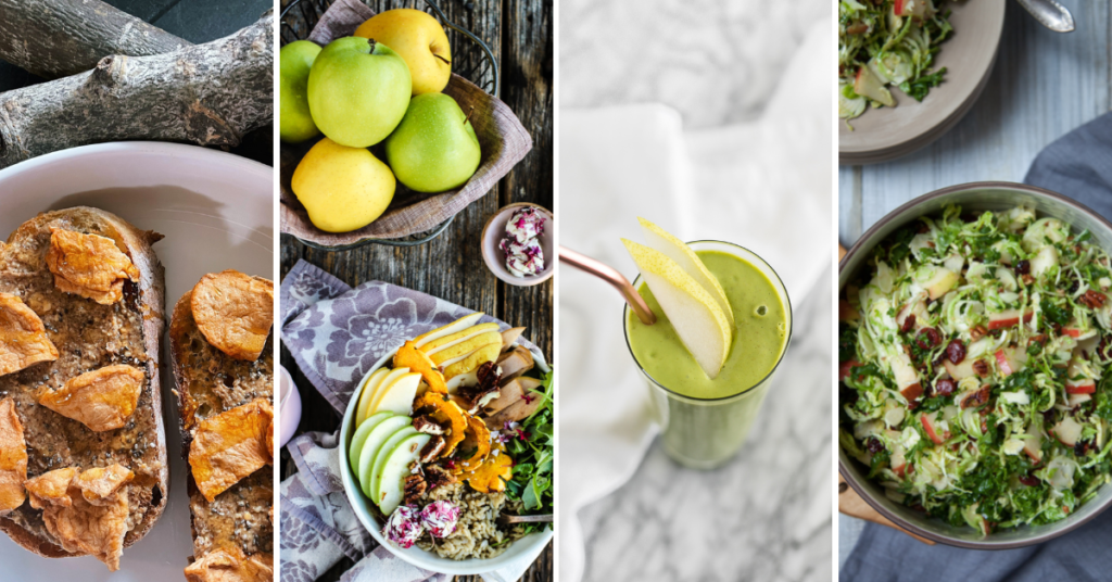 A mixture of recipes: featuring a smoothie, toast & apples, two salads.